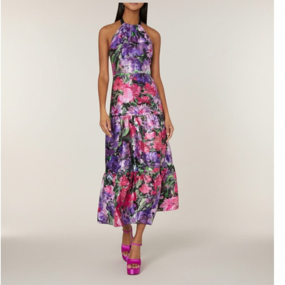 Milly New York Hayden Floral Metallic Halter Dress Open Back Tiered Size 8 - Picture 4 of 16